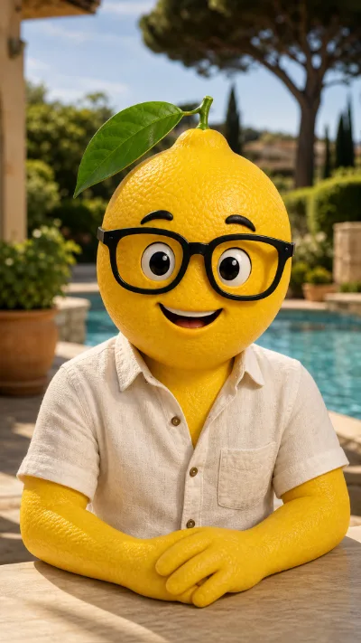 La mascota de LemonWeb sentada a una mesa, con los brazos apoyados, escuchando
