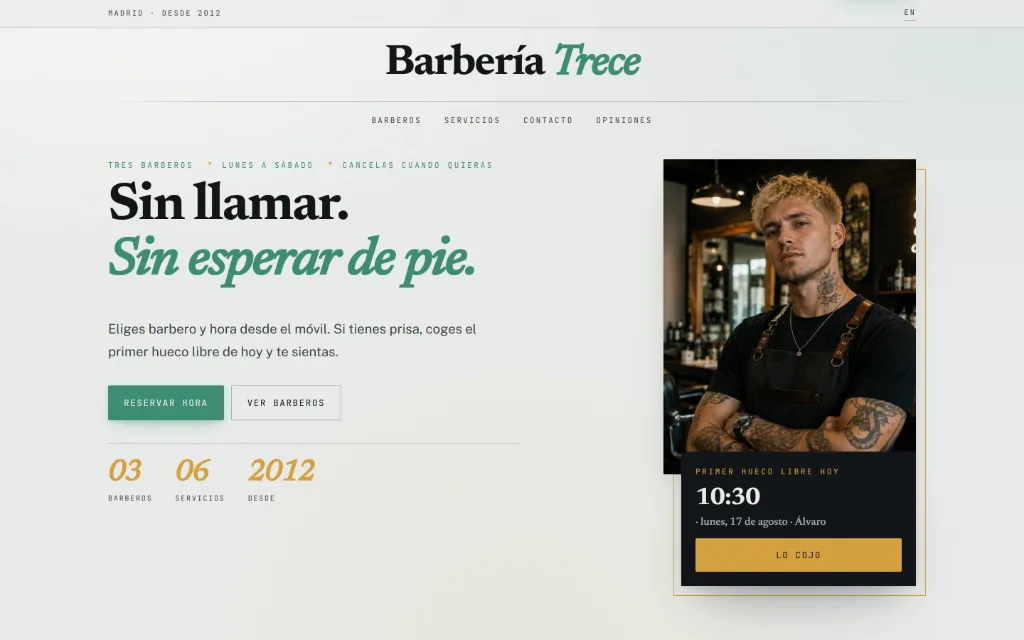 Portada de la web de Barbería Trece
